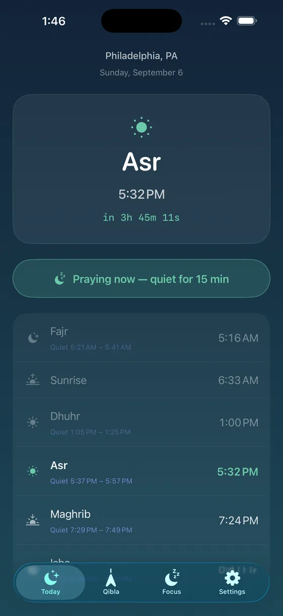 Today screen: the next prayer, Asr, counting down, with each prayer's time and quiet window listed below.